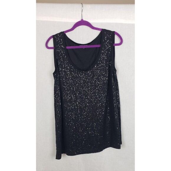 Eileen Fisher Blouse Top 2X Black 100% Silk Sequin Asymmetric Hem Party Holiday - Picture 1 of 7